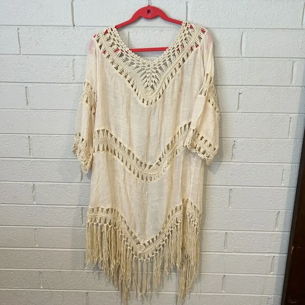 #8494 BOHO VTG CROCHET BEIGE DUSTER FRINGE ONE SIZE